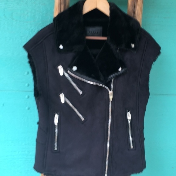 CLEARANCE BLANK NYC SHEEPSKIN FUR LINED BLACK MOTO PUNK JACKET VEST SIZE SMALL - Picture 1 of 11